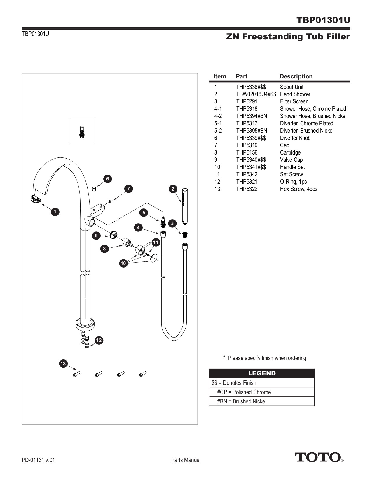 TOTO TBP01301UCP Polished Chrome Single Handle Freestanding Tub Filler
