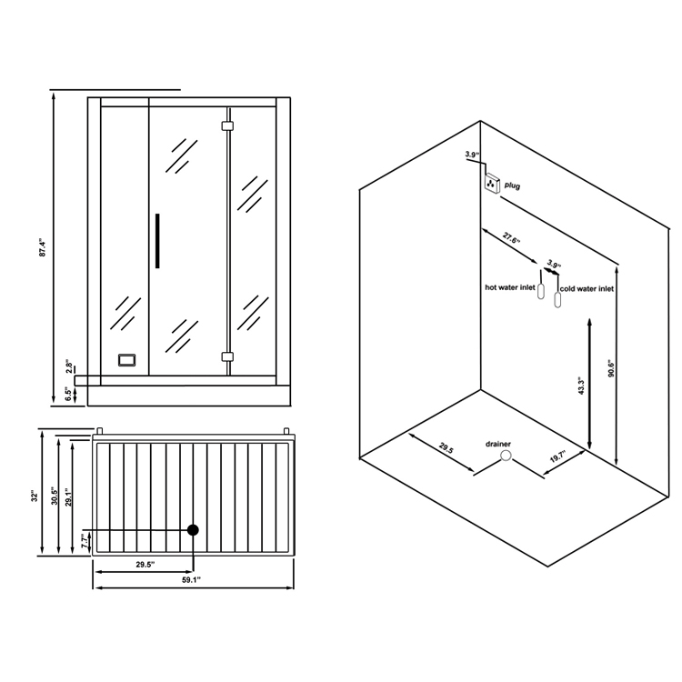 Ariel DZ9721F8BLK Black Platinum 87" Steam Shower Enclosure with