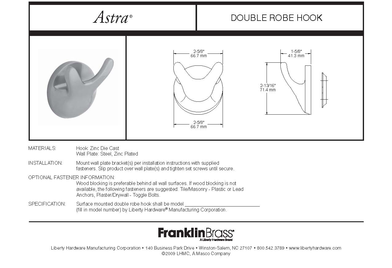 Franklin Brass Astra C Franklin Brass 127765 1.625" Projection Double Robe Hook 